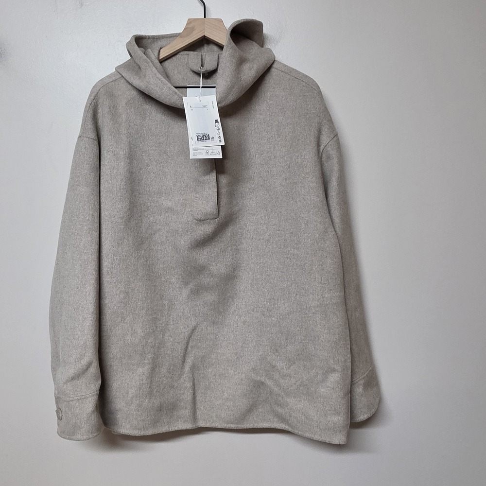 Cos Oversized Double Faced Knit Wool Blend Half Placket Hoodie In Beige Sz S NWT